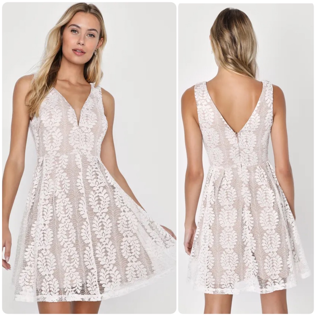 New Lulus All Of My Heart White Lace Skater Dress Lined Dual Plunging V Neck Med